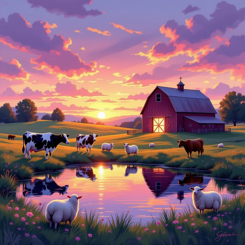 Whimsical Farm Sunset with Radiant Portal