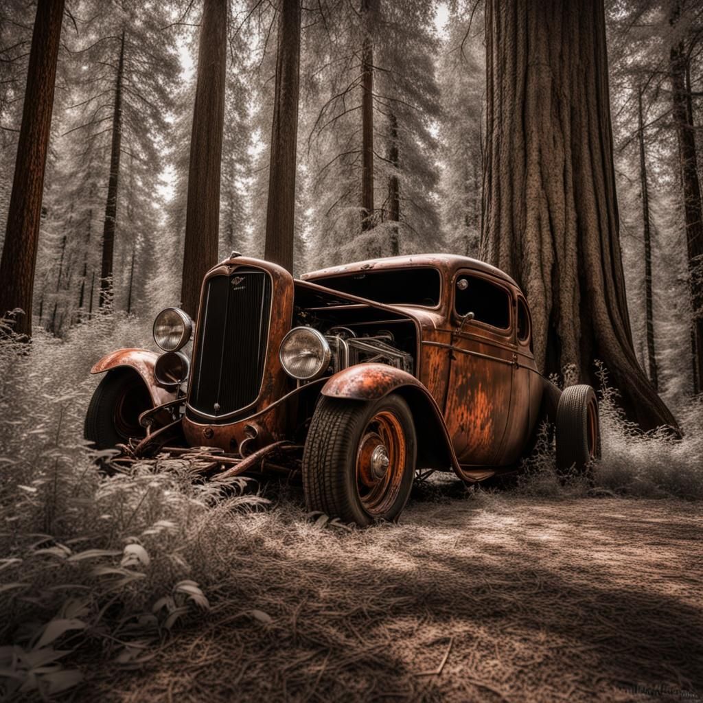 Abandoned Hot Rod in Overgrown Forest, Hyperrealistic HDR