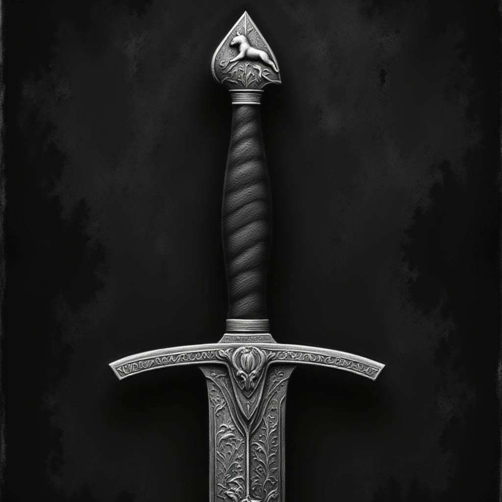 Black Sword With Silver Markings and Leaping Cat Hilt