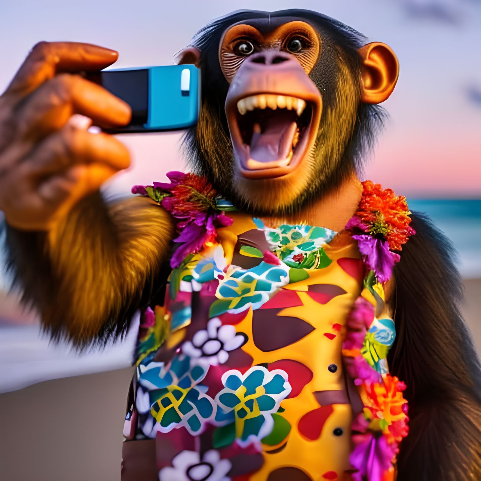 Chimpanzee Selfie on Tropical Beach at Sunset