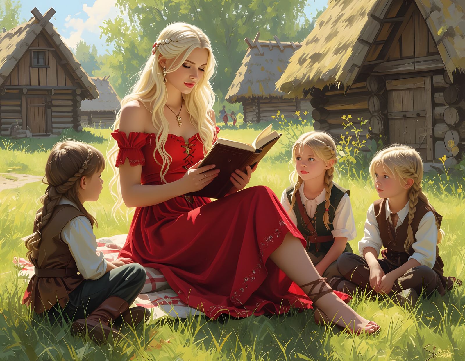 Norse Goddess Reads to Awestruck Children in Village
