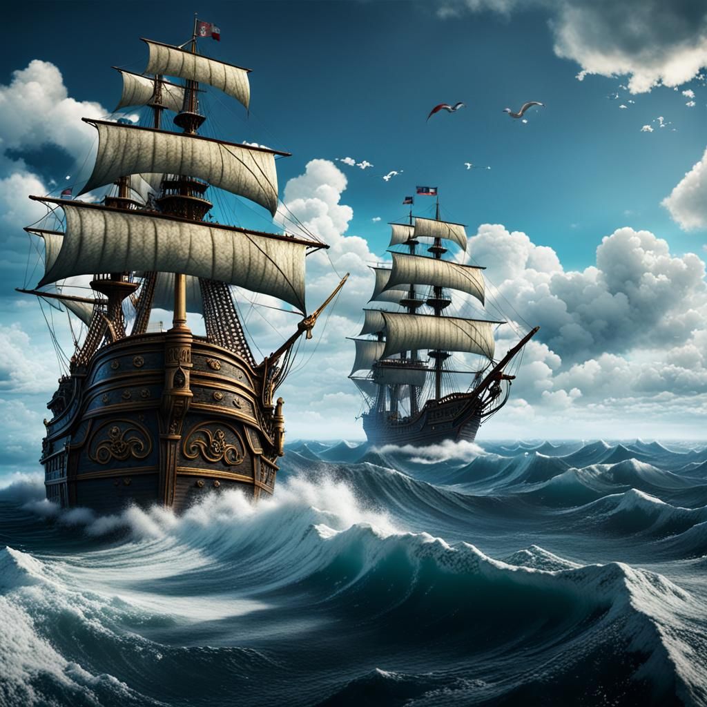 Pirate Galleon Sailing the High Seas: Fantasy Art