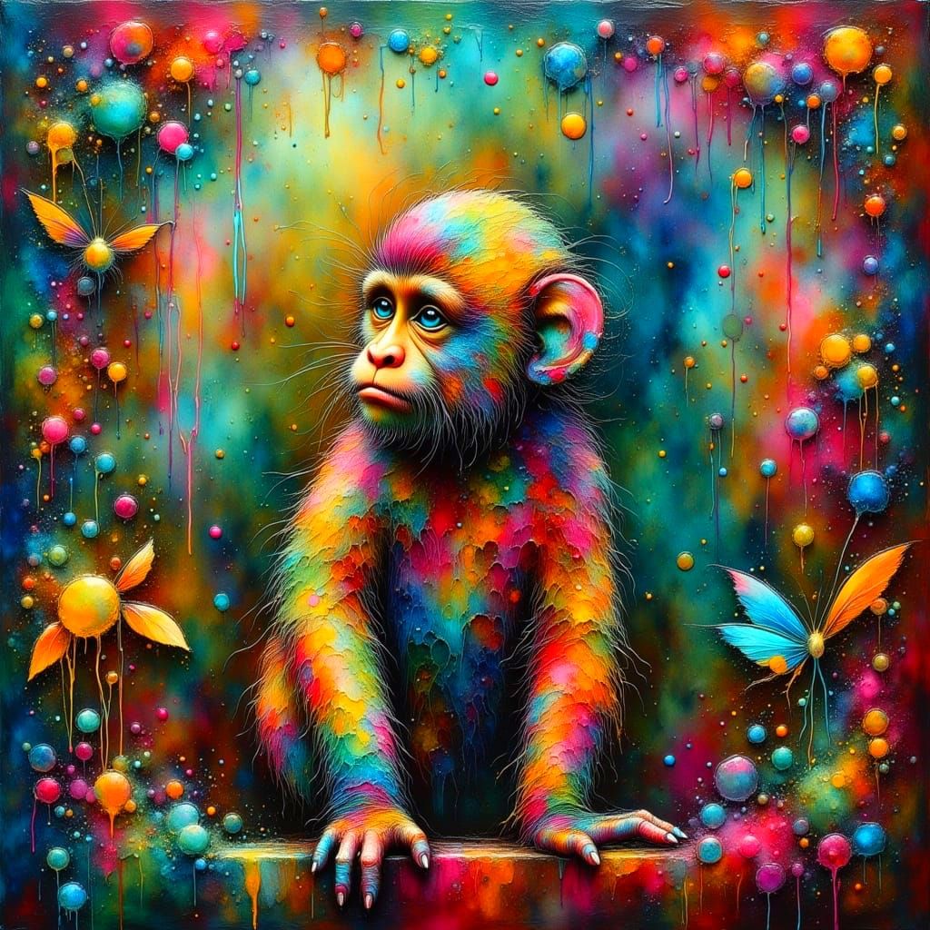 Neon Grunge Monkey in Jungle, Impasto Oil Glaze