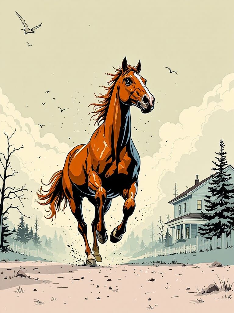 Suburban Gothic Horse Running Free in Muted Pastels