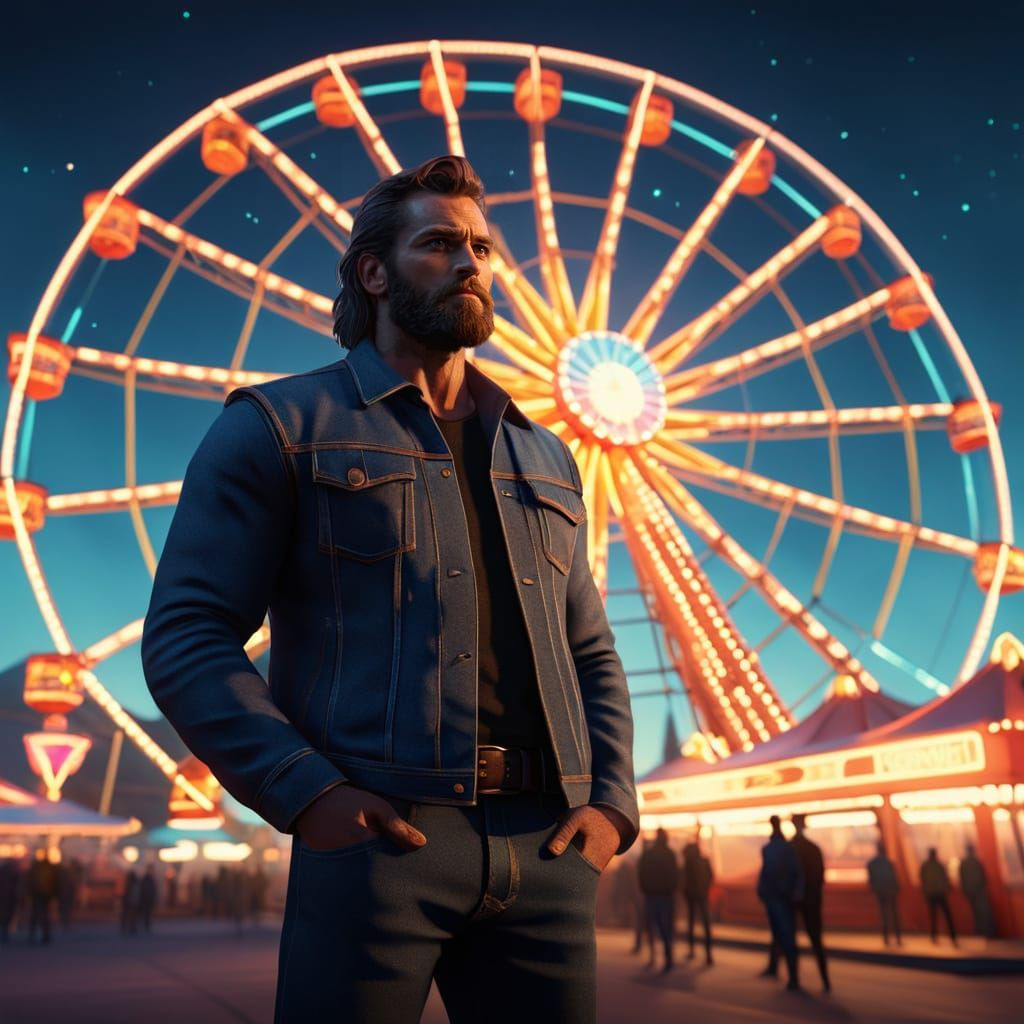 Rugged Carnival Hero Beside a Glowing Ferris Wheel