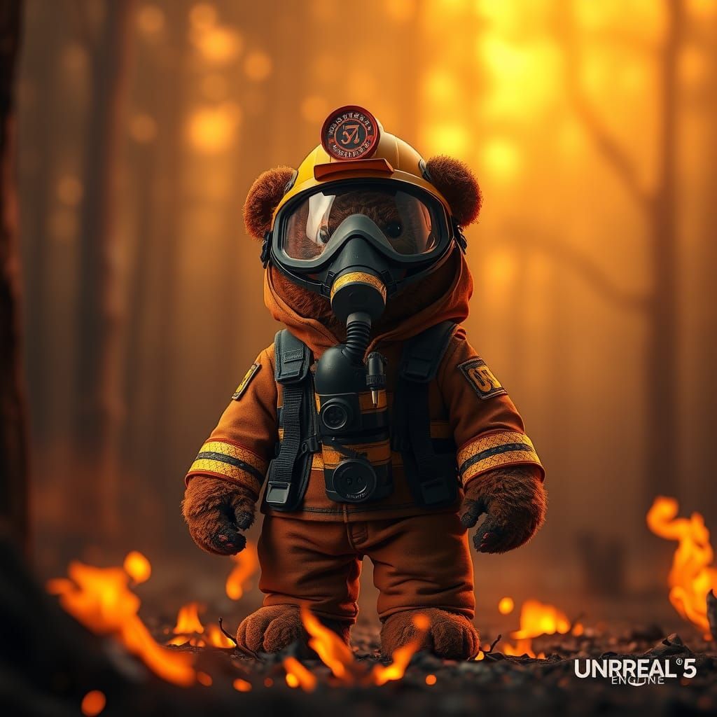 Teddy Bear Firefighter in Burning Forest, Hyper-Realistic Ar...