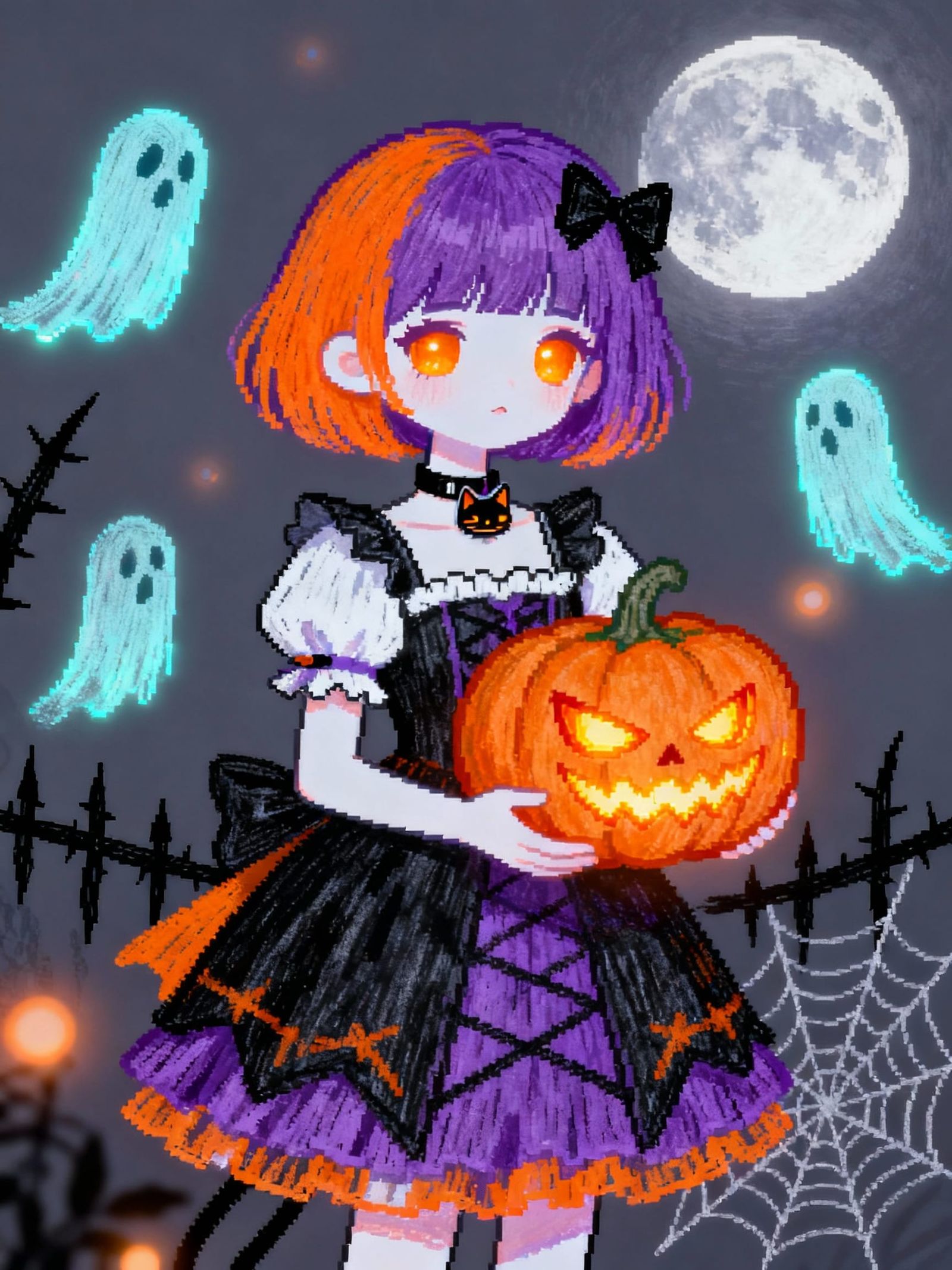 Cute Ghostly Girl Holding Evil Pumpkin in Vintage Video Game...