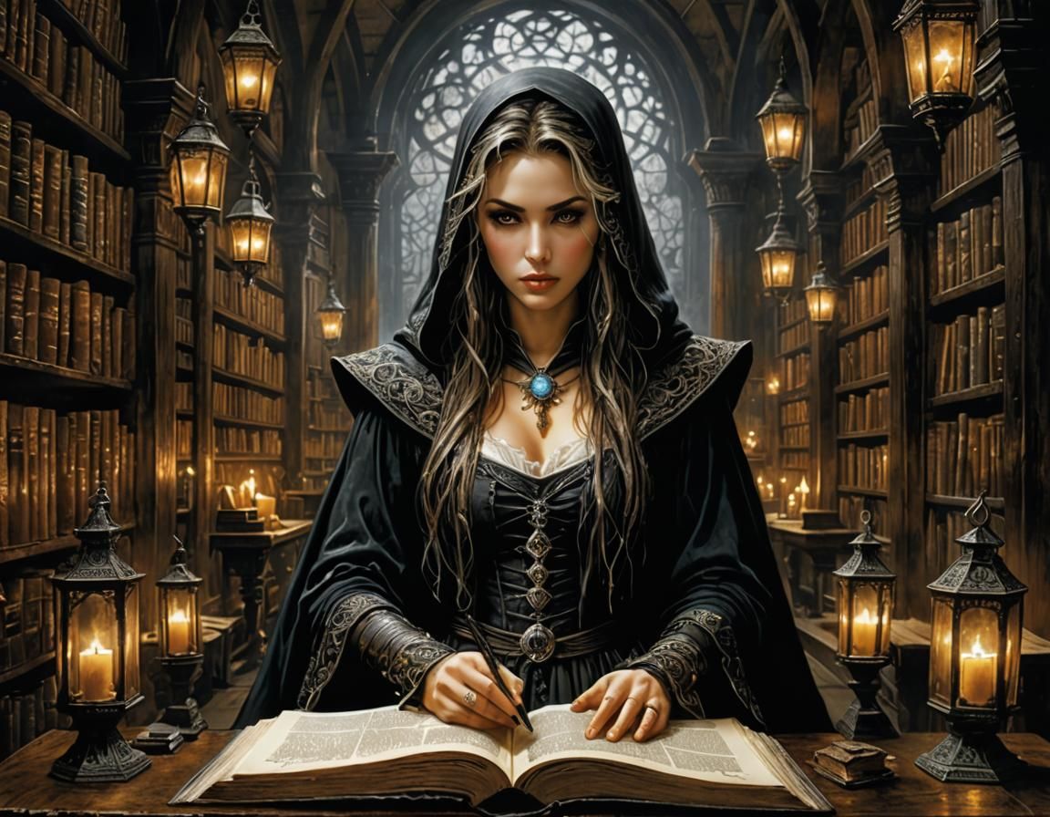 Medieval Chibi Mage in Gothic Library, Hyperrealistic Art