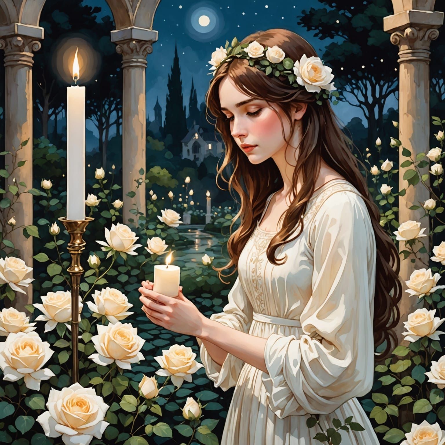 Candlelit White Rose Garden Painting in Watercolor Style