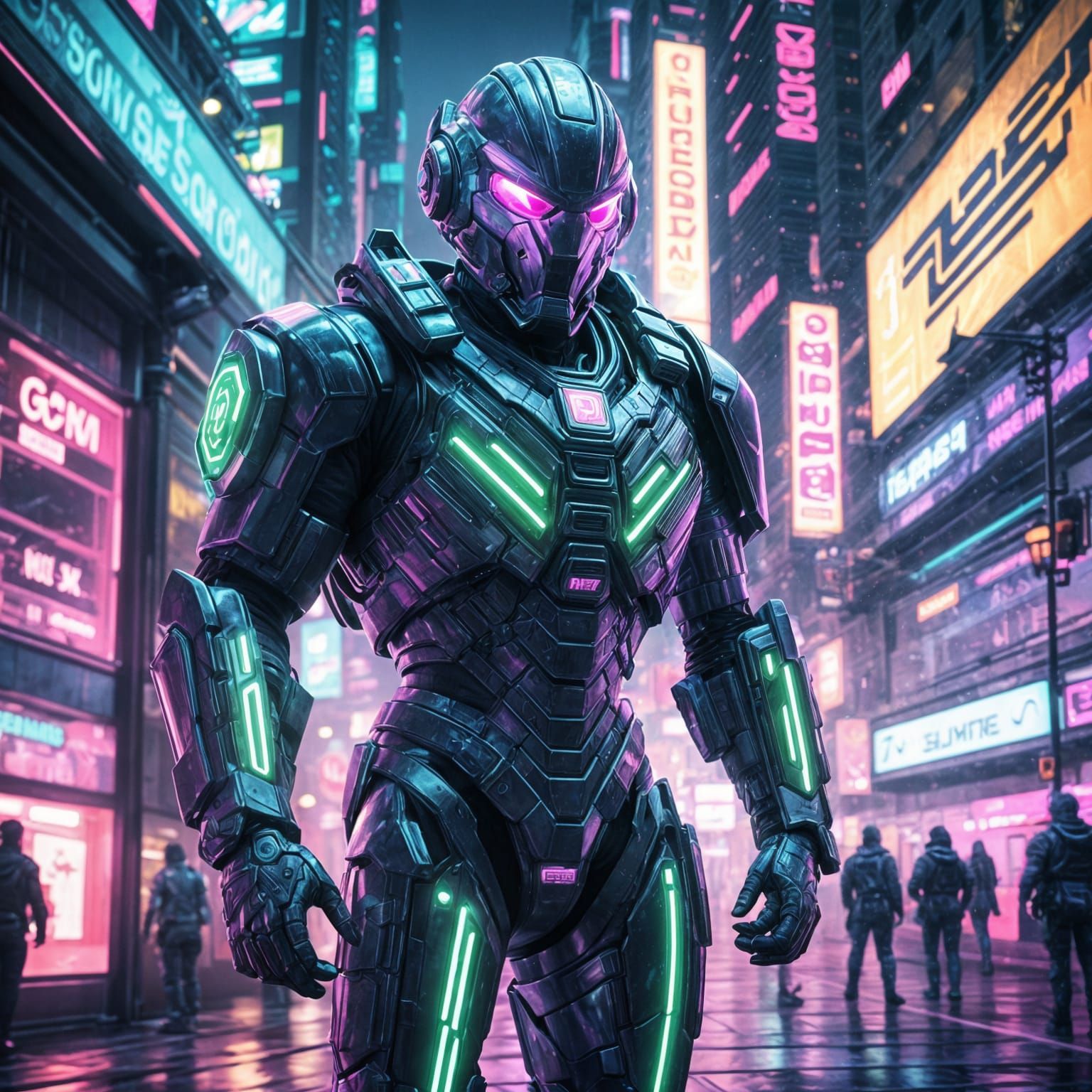 Cyberpunk Soldier in Neon Cityscape