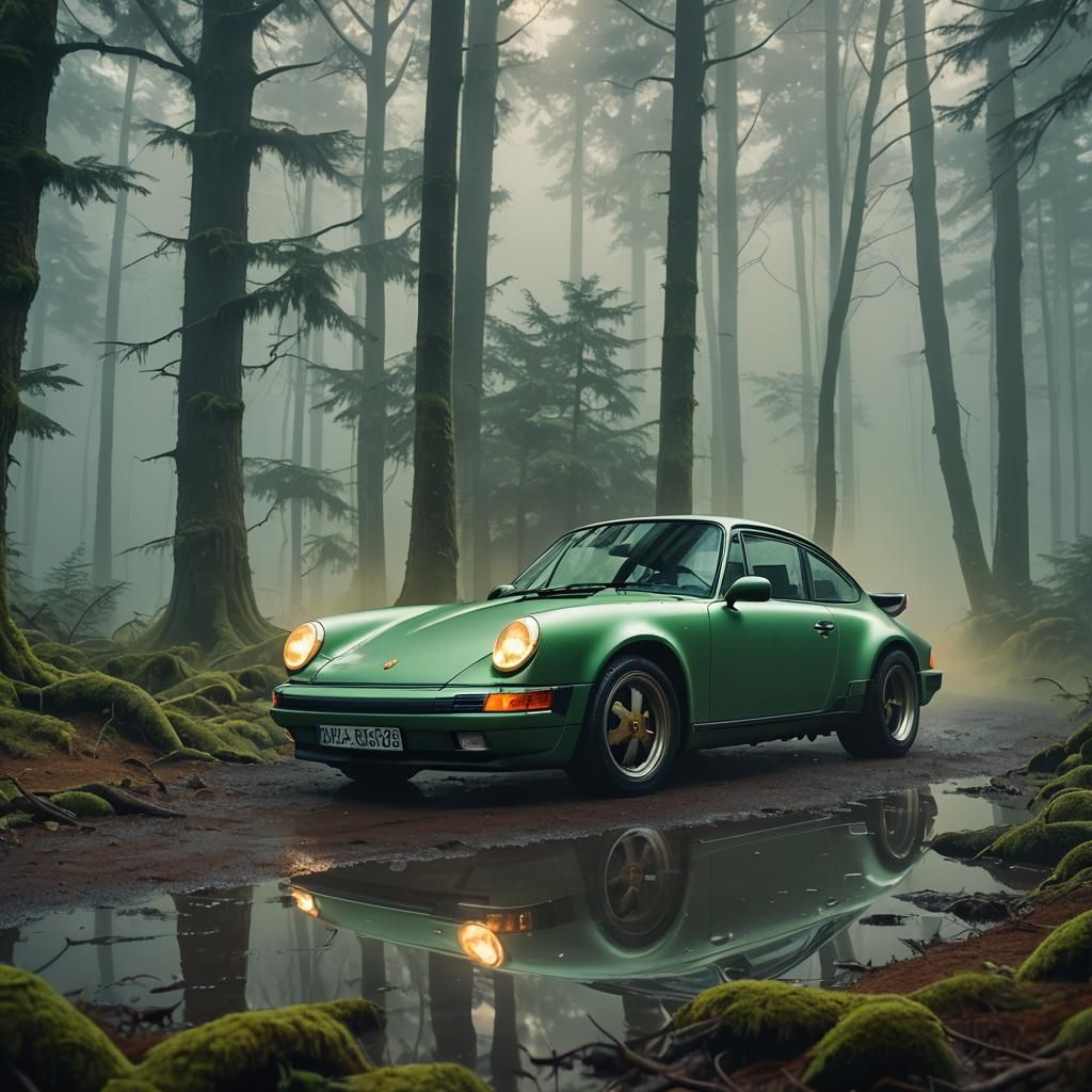 Porsche 911 in Foggy Forest, Matte Painting