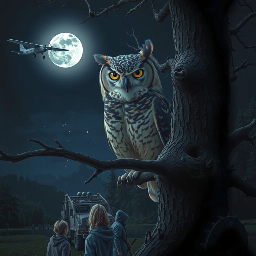 Great Horned Owl and Seaplane in Gouache Style