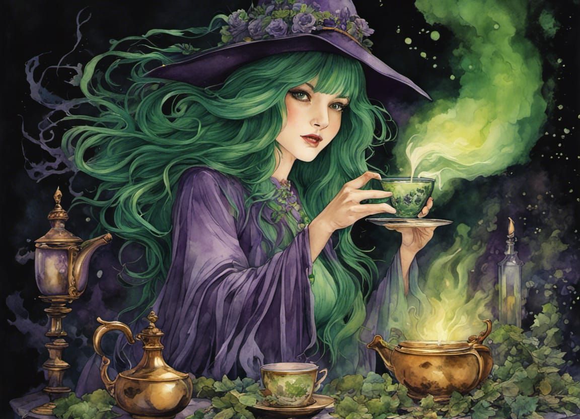 Detailed Watercolor of Green-Haired Witch Serving Tea