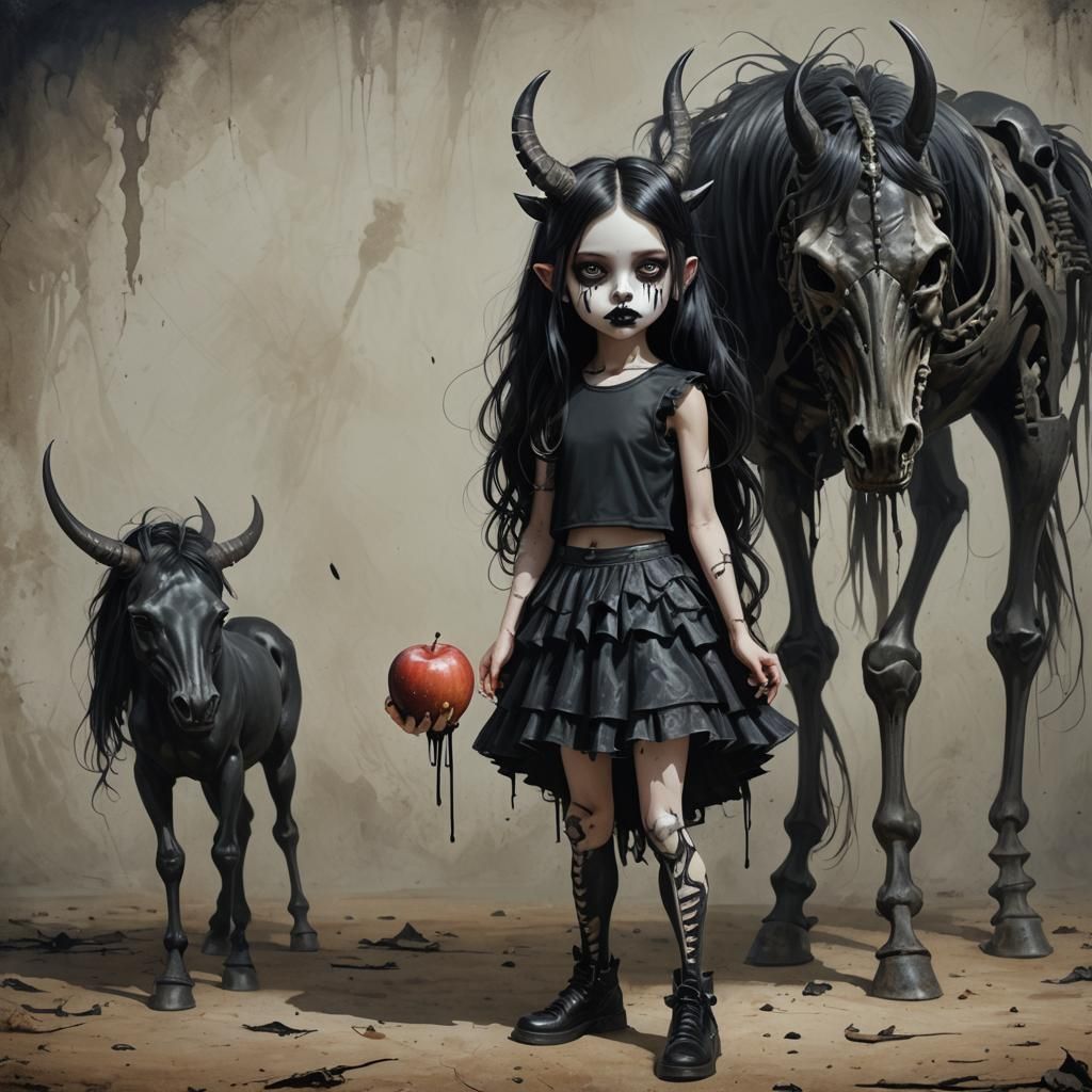 Pale Horned Girl Feeds Skeleton Horse