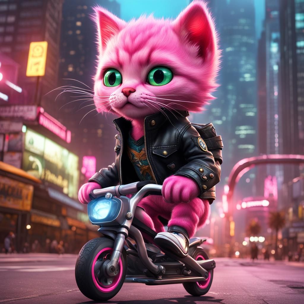 Pink Mohawk Kitten Skateboarder in City, Matte Painting