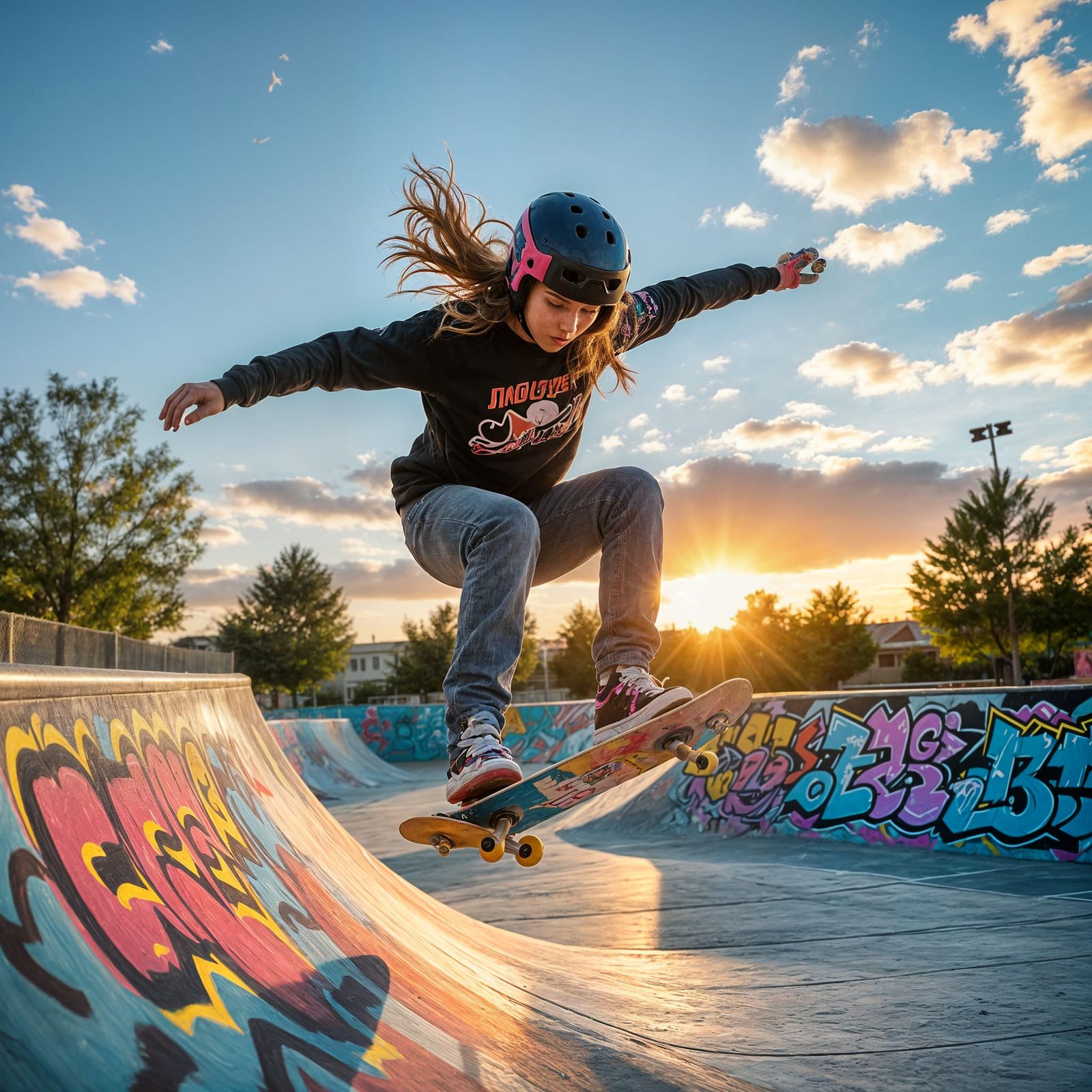 Female Skateboarder Soaring Through Graffiti Skatepark at Su...