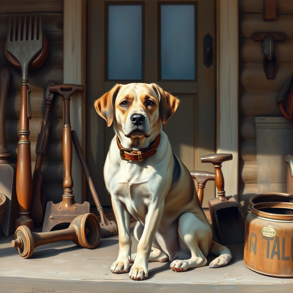 Old Dog on Porch in Rockwell Style