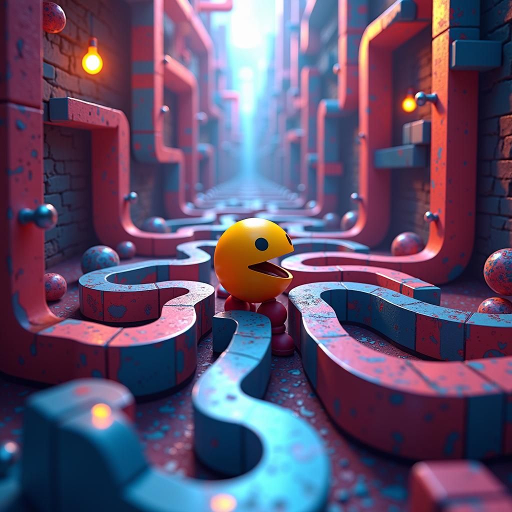 Pacman in Escher Maze: 3D Rendered Sci-Fi Wonder