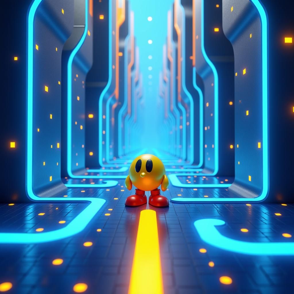 Pac-Man in a Neon 3D Digital Labyrinth