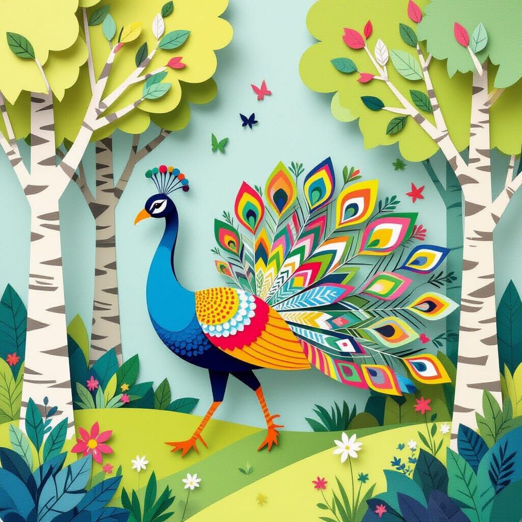 Paper Peacock in a Whimsical Paper Forest