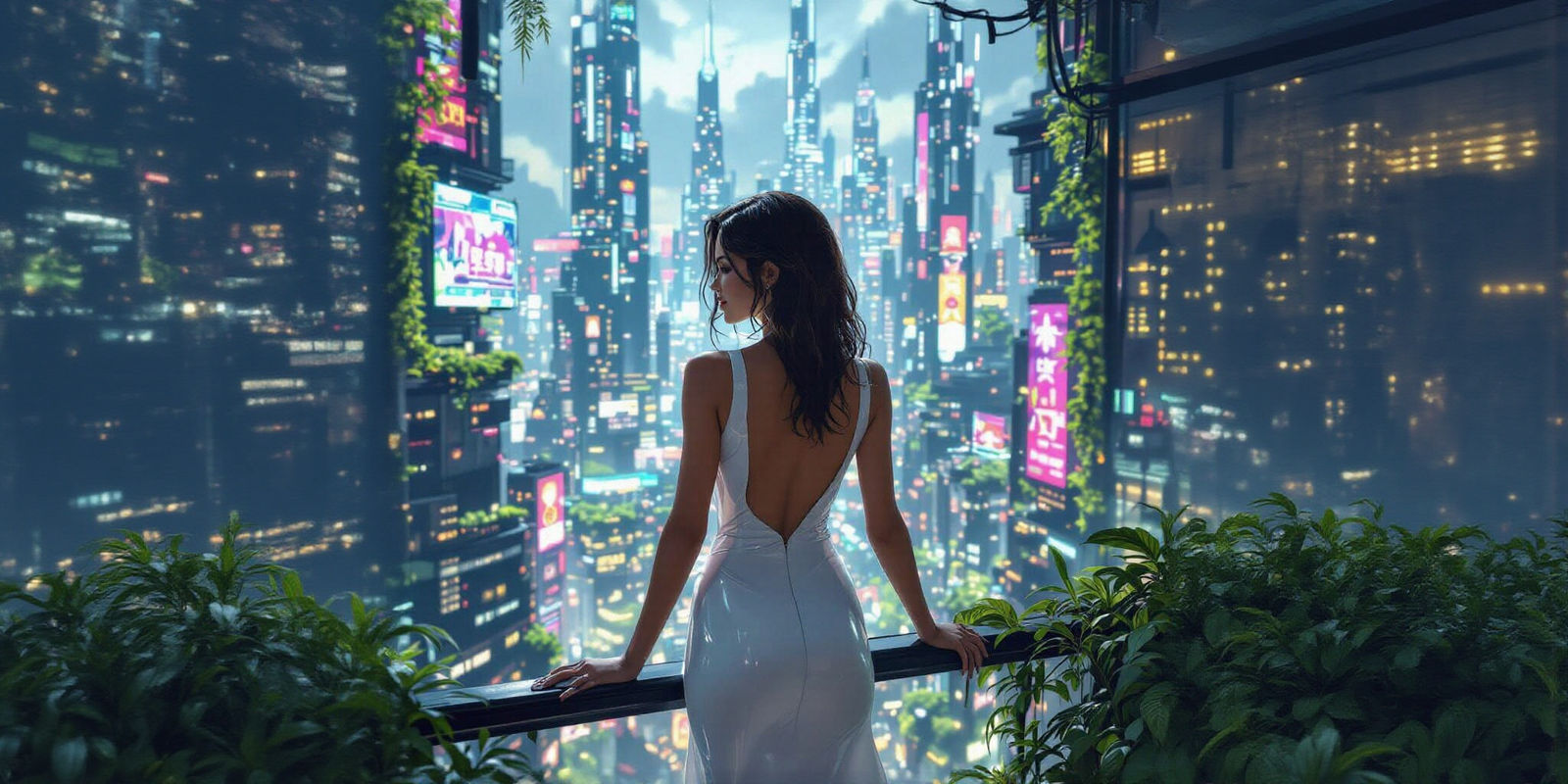 Futuristic Cityscape Blending Cyberpunk and Solarpunk Aesthe...