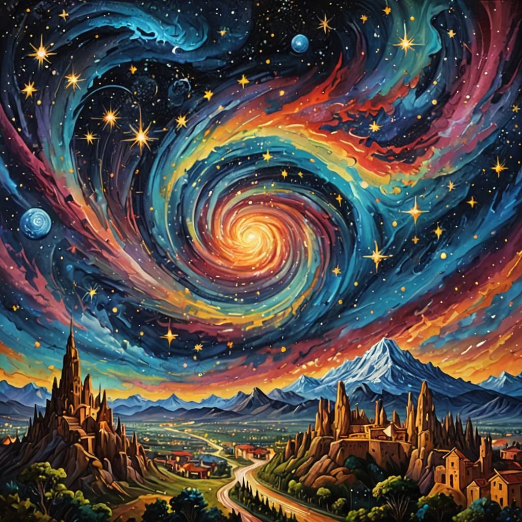 Starry Night Sky over Ancient Wonders: Graffiti Art