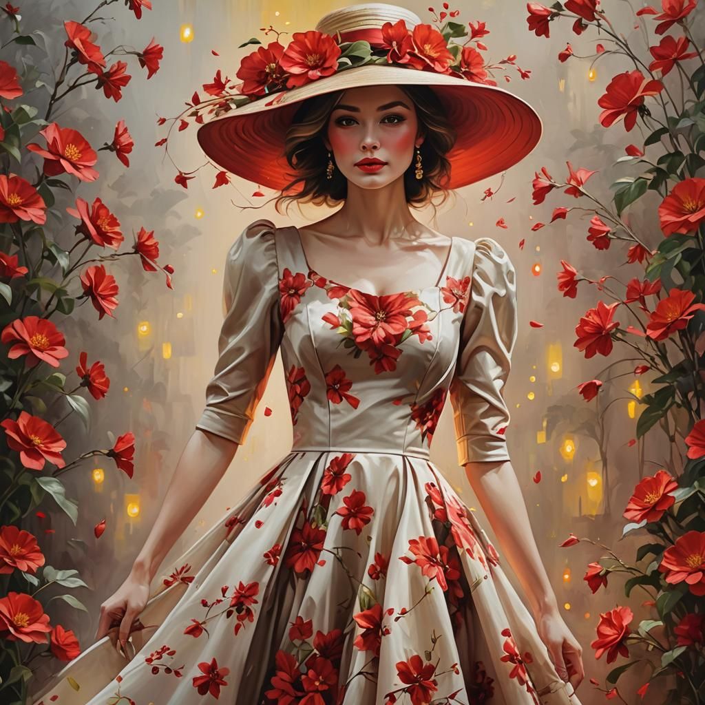 Graceful Woman Integrated with Blooming Red Flowers