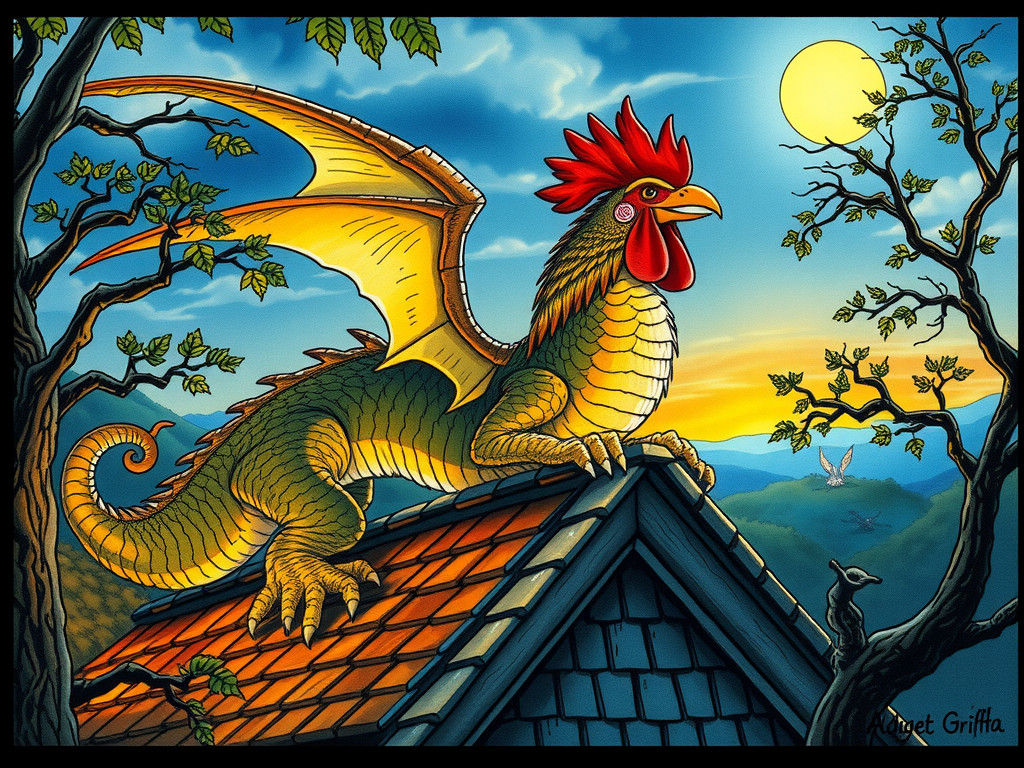 Cockatrice on a Roof in Watercolor Style