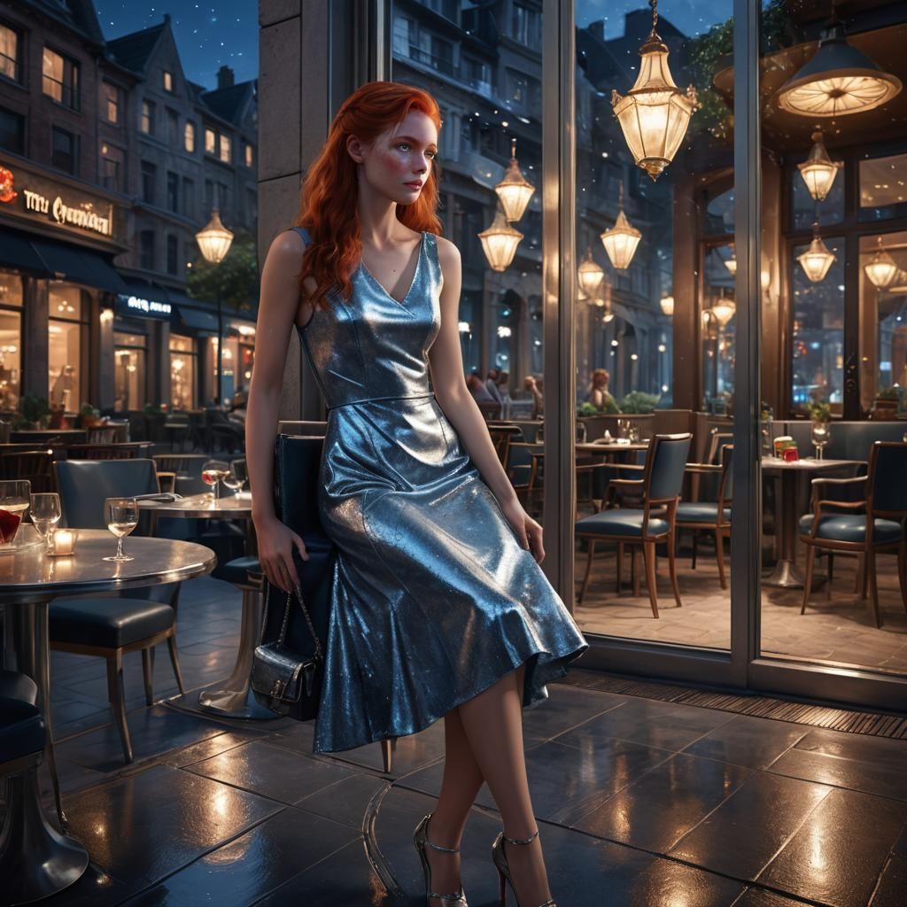 Woman in Silver Dress Waits at Restaurant