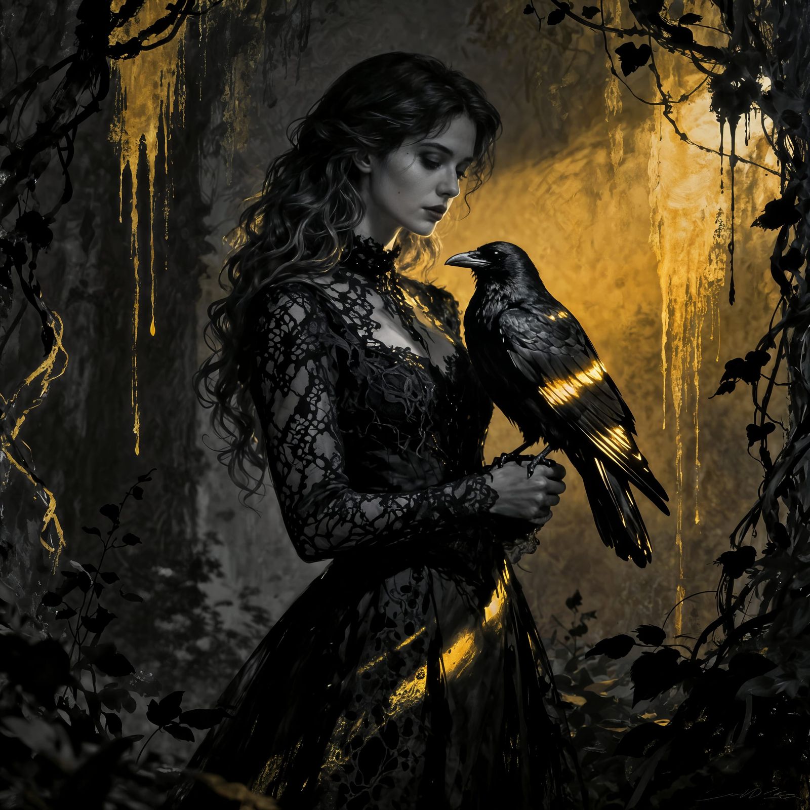 Gothic Woman with Raven in Golden Light