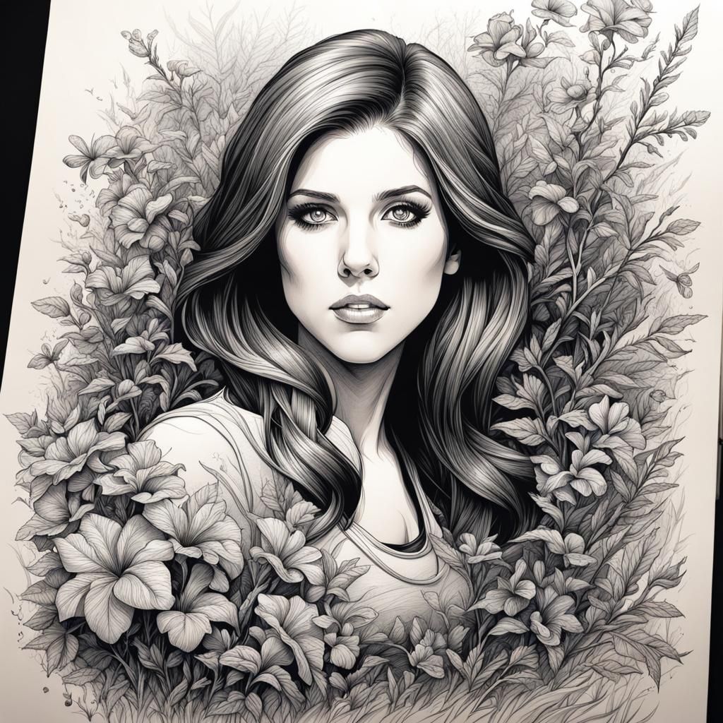 Anna Kendrick's Botanical Ink Drawing in Comic Art Style