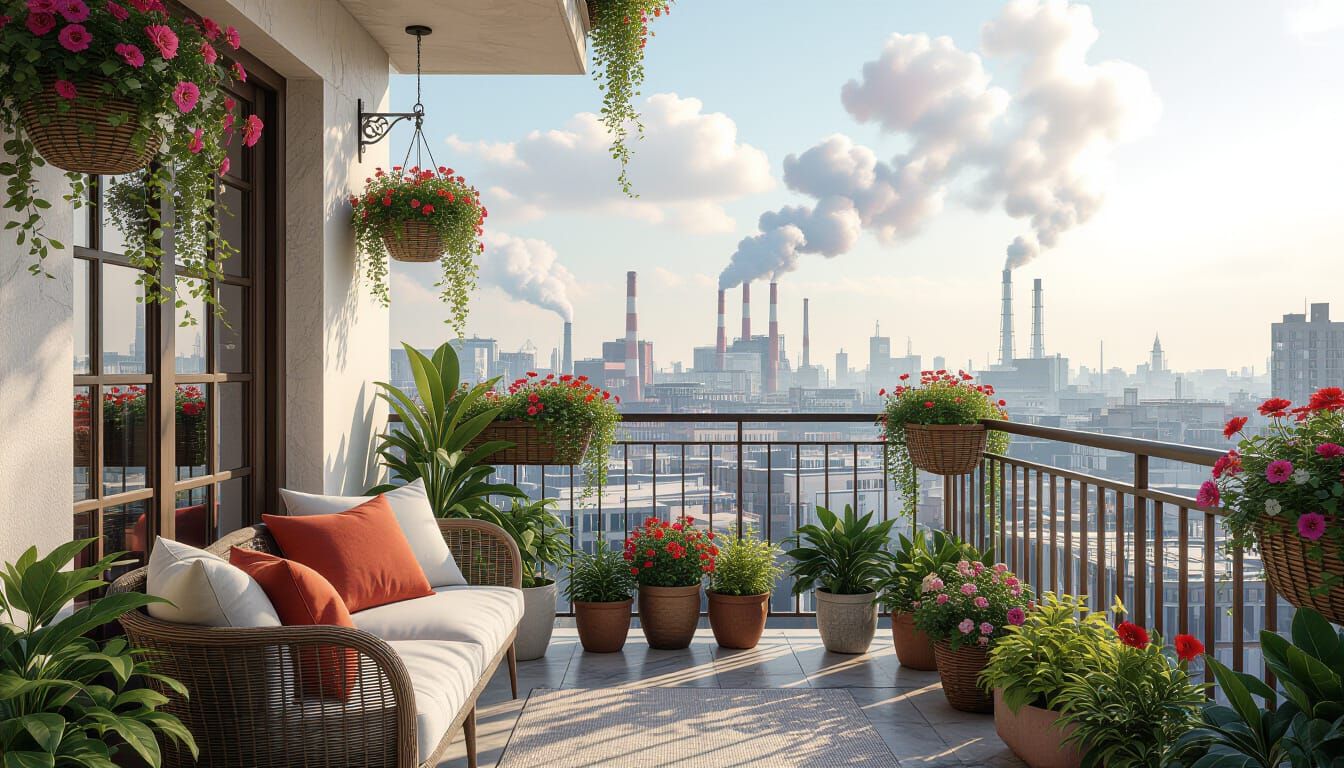 Bohemian Balcony Overlooking Polluted Cityscape