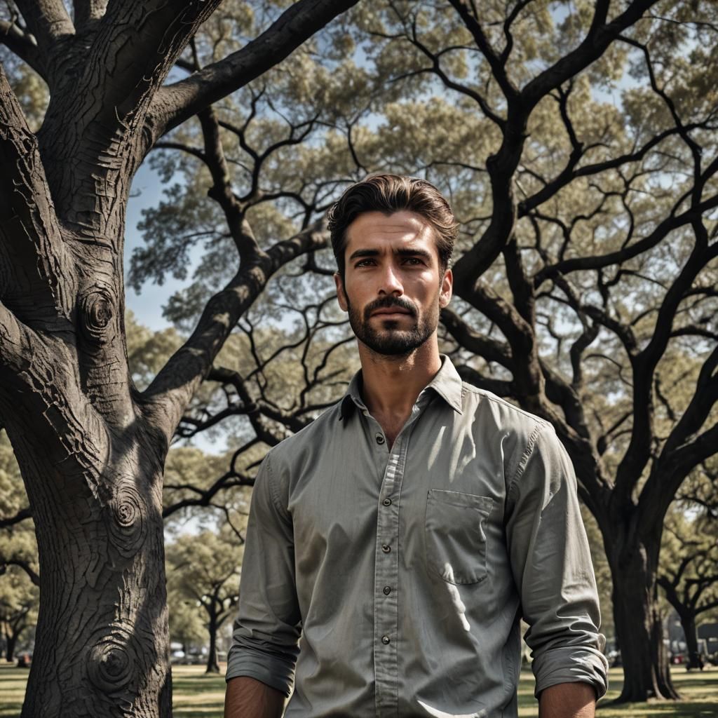Hyperrealistic Photo of Handsome Man Under Tree