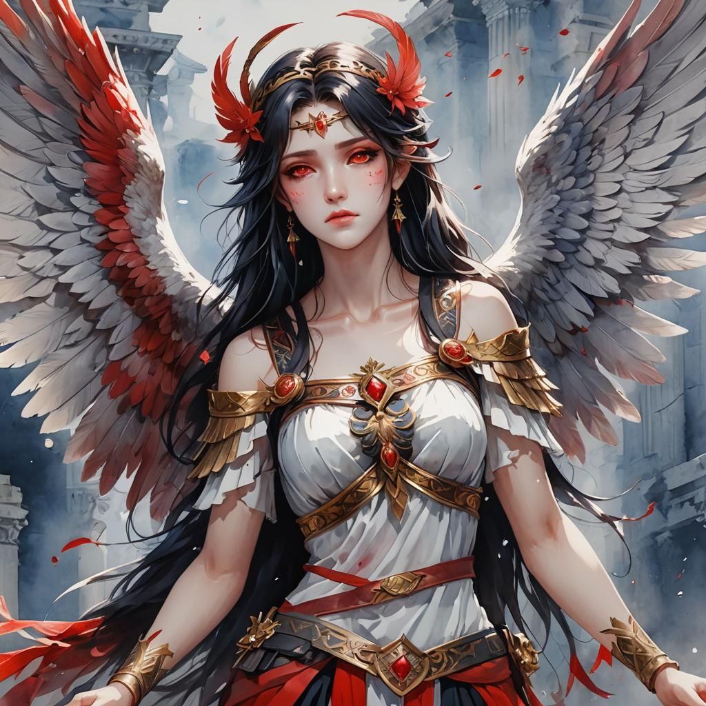 Anime Watercolor Harpy with Red Eyes