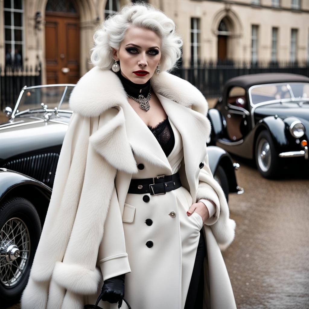 Cruella-Style Woman in Fur Coat by Vintage Car