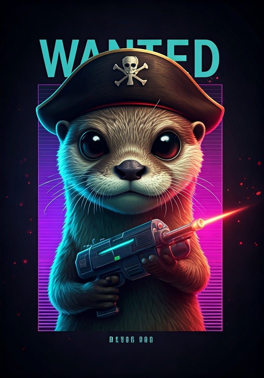 Alien Otter Wanted Poster in Synthwave Neon Style