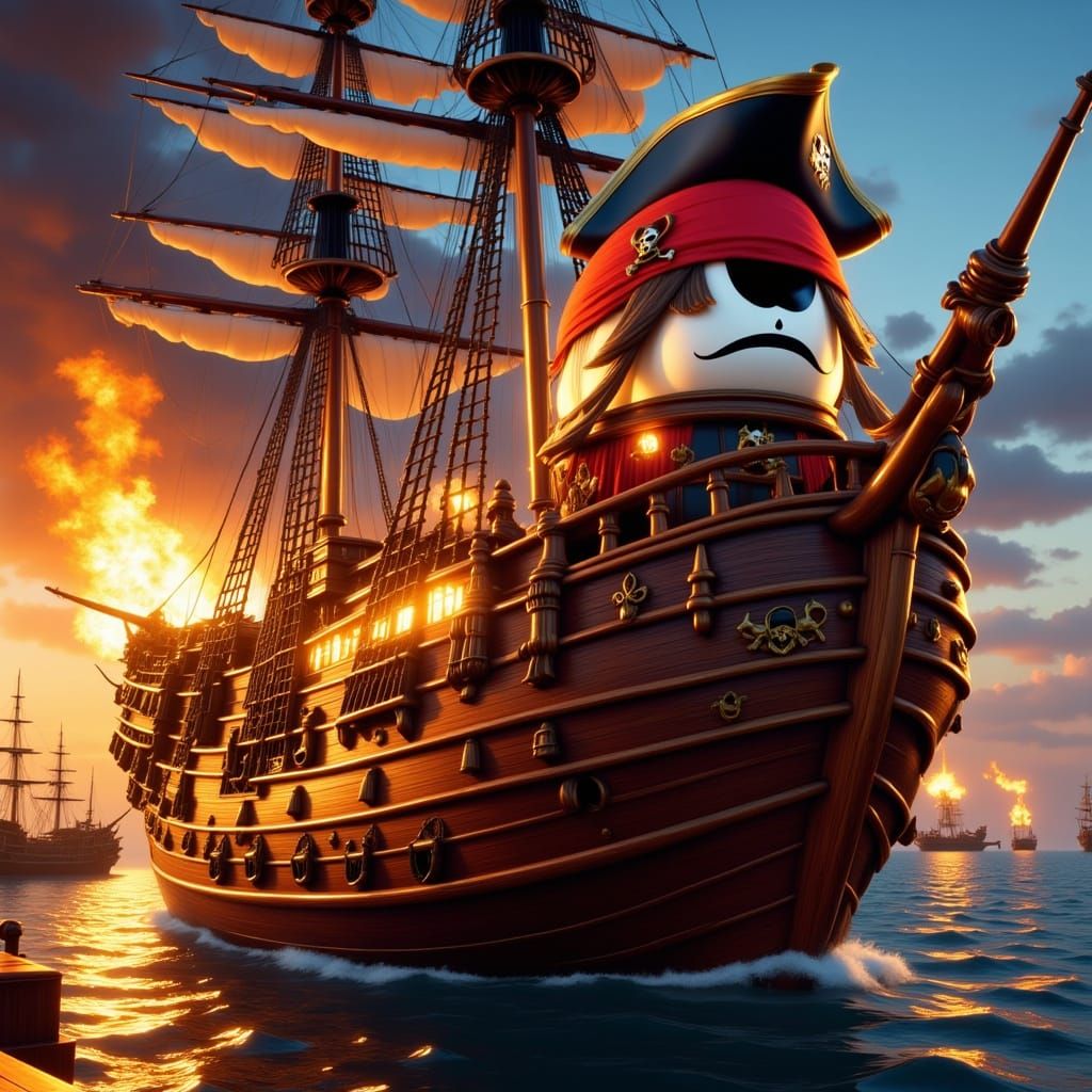 Angry Egg Pirate on Burning Ship Cartoon