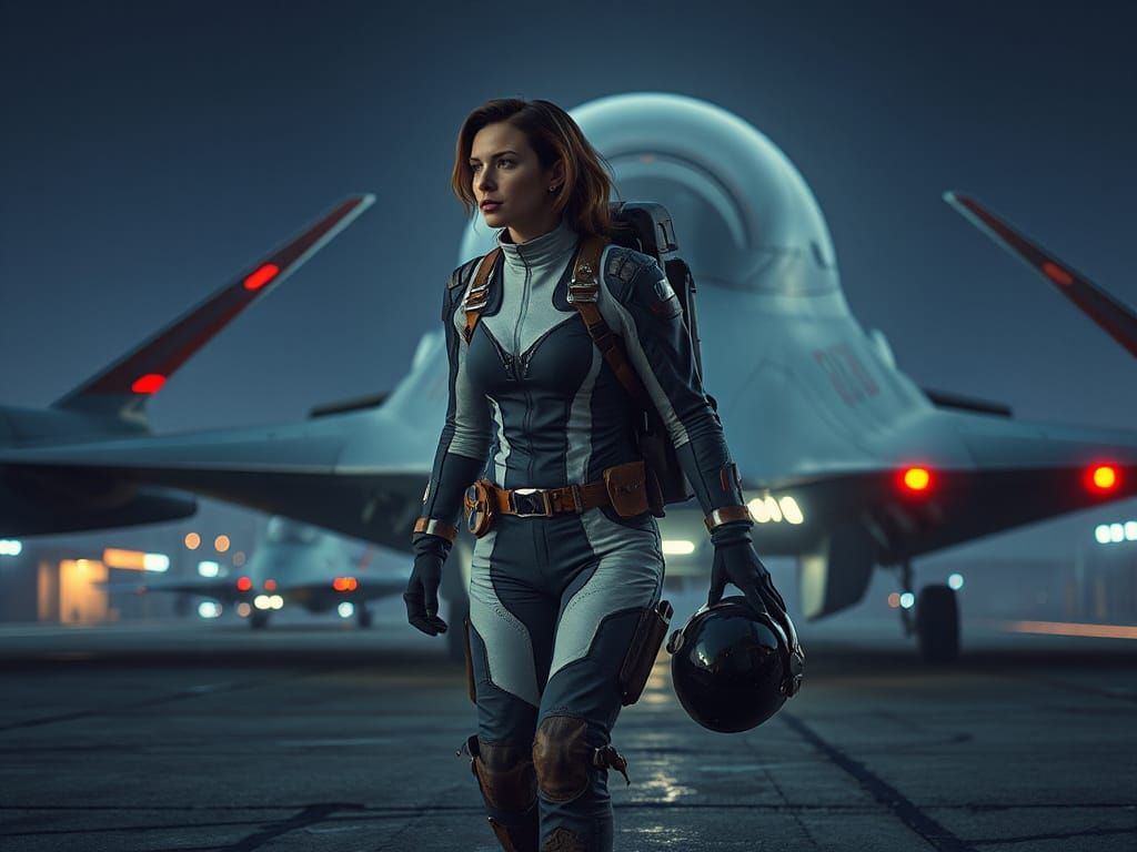 Futuristic Space Fighter Pilot on Flight Line