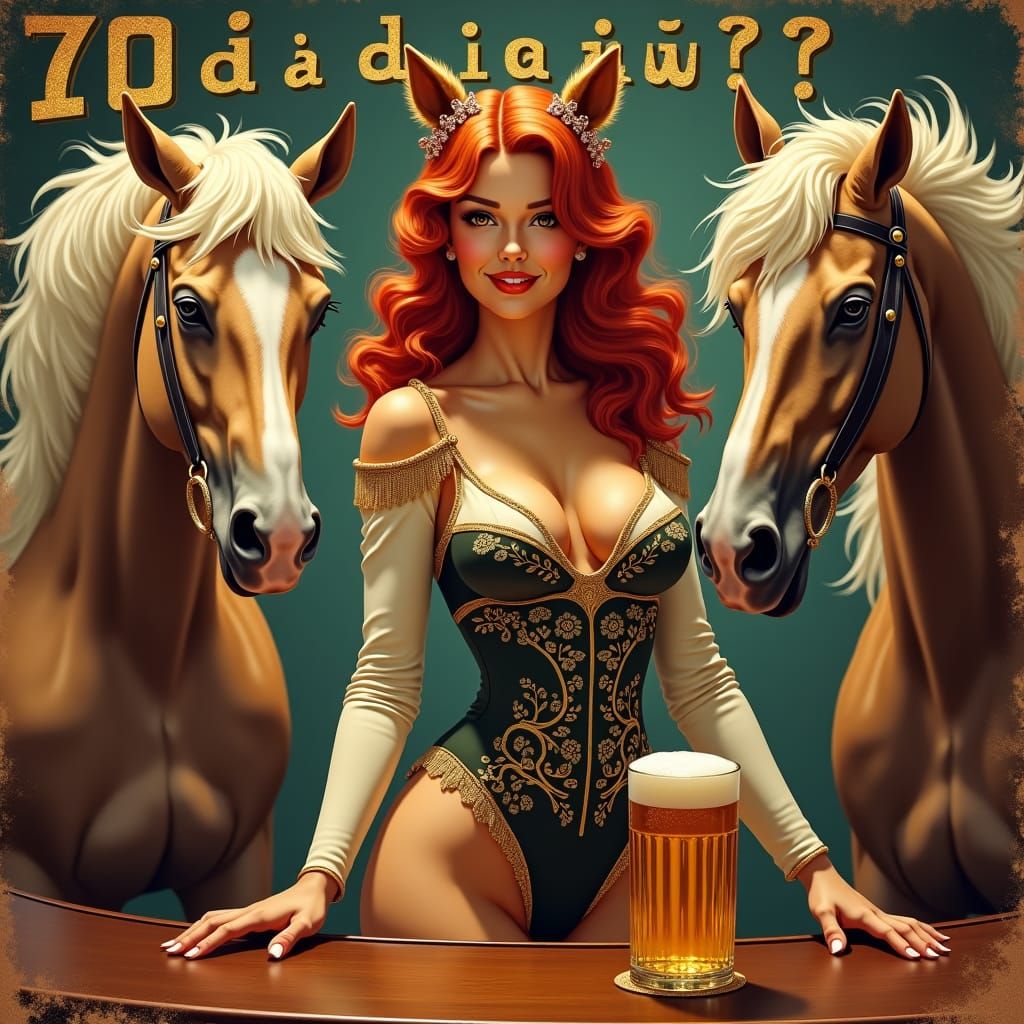 Pin-Up Barmaid Serves Beer to Wild Horses