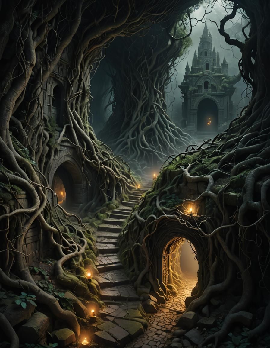 Mystical Maze with Forking Paths in Hyperreal CGI