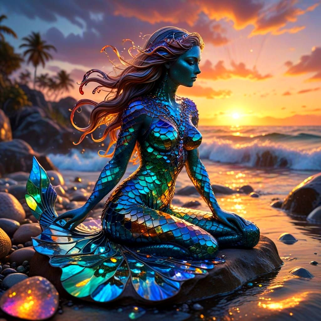 Sea Glass Mermaid Mosaic at Sunset