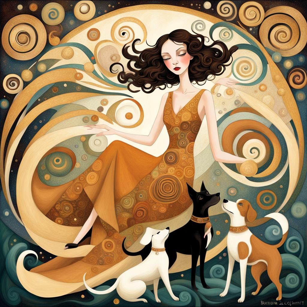 Woman and Dogs in Art Deco Storybook Style