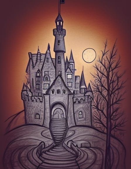 Ethereal Fairytale Village Pencil Sketch Illustration