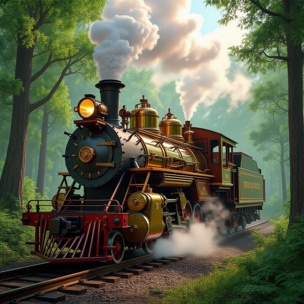 Steampunk Engine in Vibrant Forest