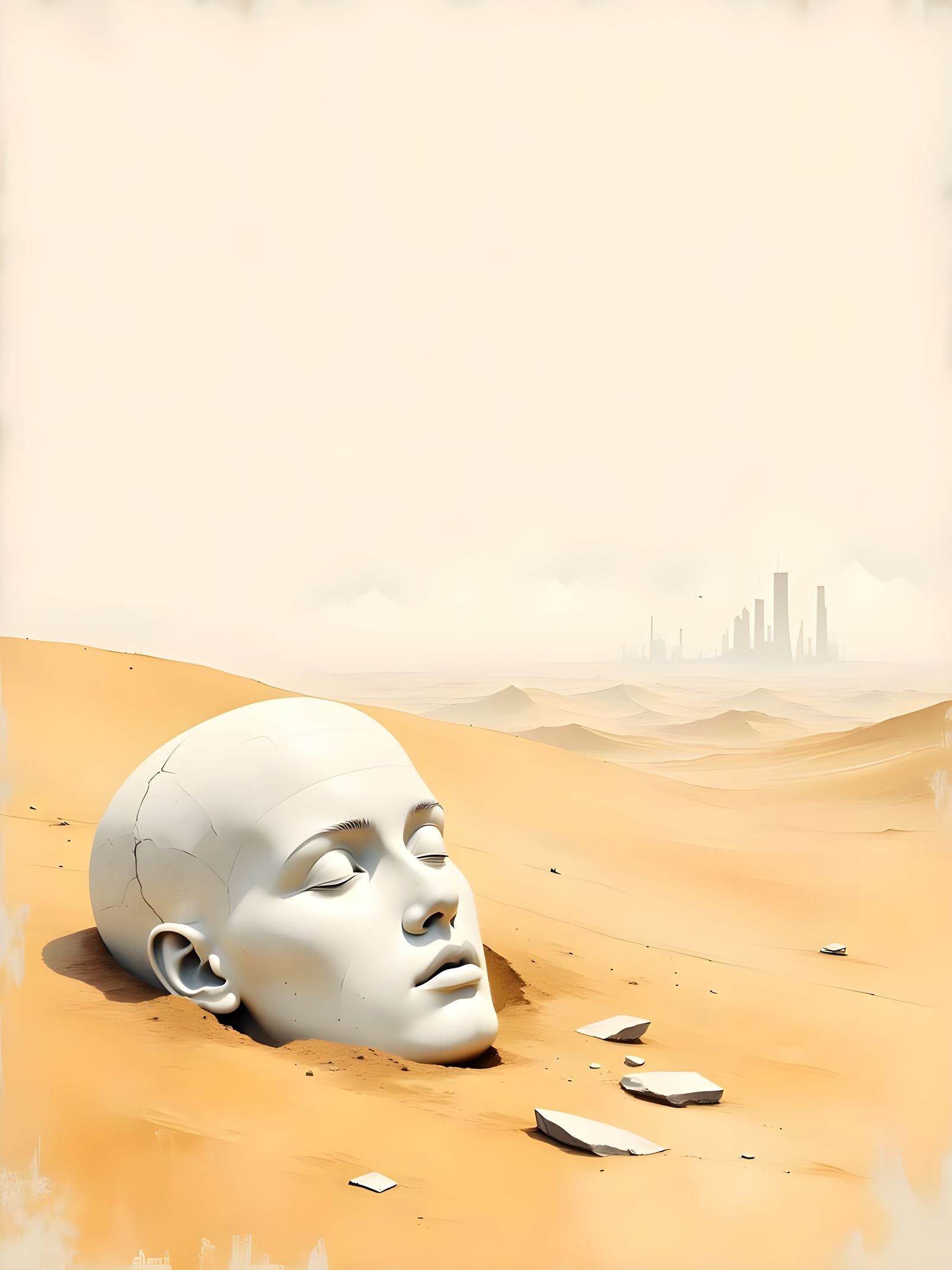 Minimalist Desert Scene with Marble Head Statue