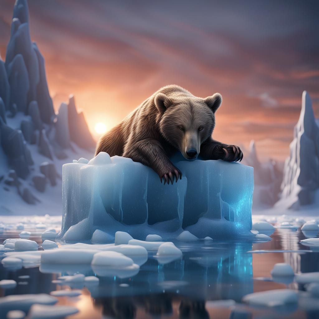 Polar Bear Asleep on Ice Block, Detailed Matte Painting