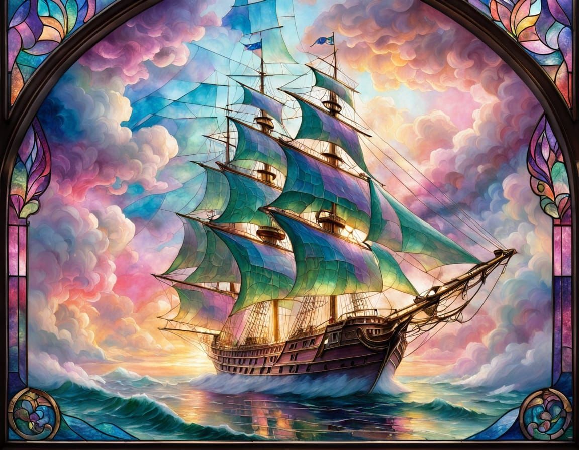 Stained Glass Sailing Ship Window in Ethereal Fantasy Style