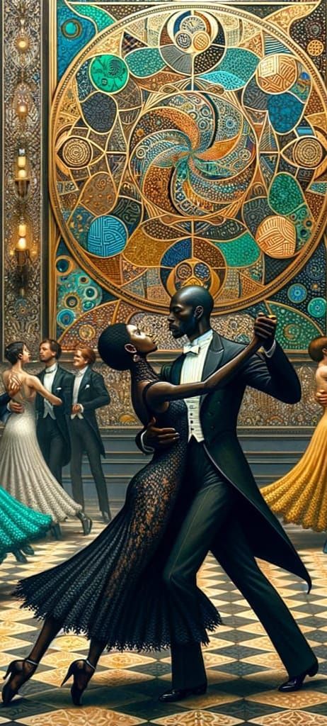 Elegant Couple Dances in Ornate Ballroom with Zentangle Art