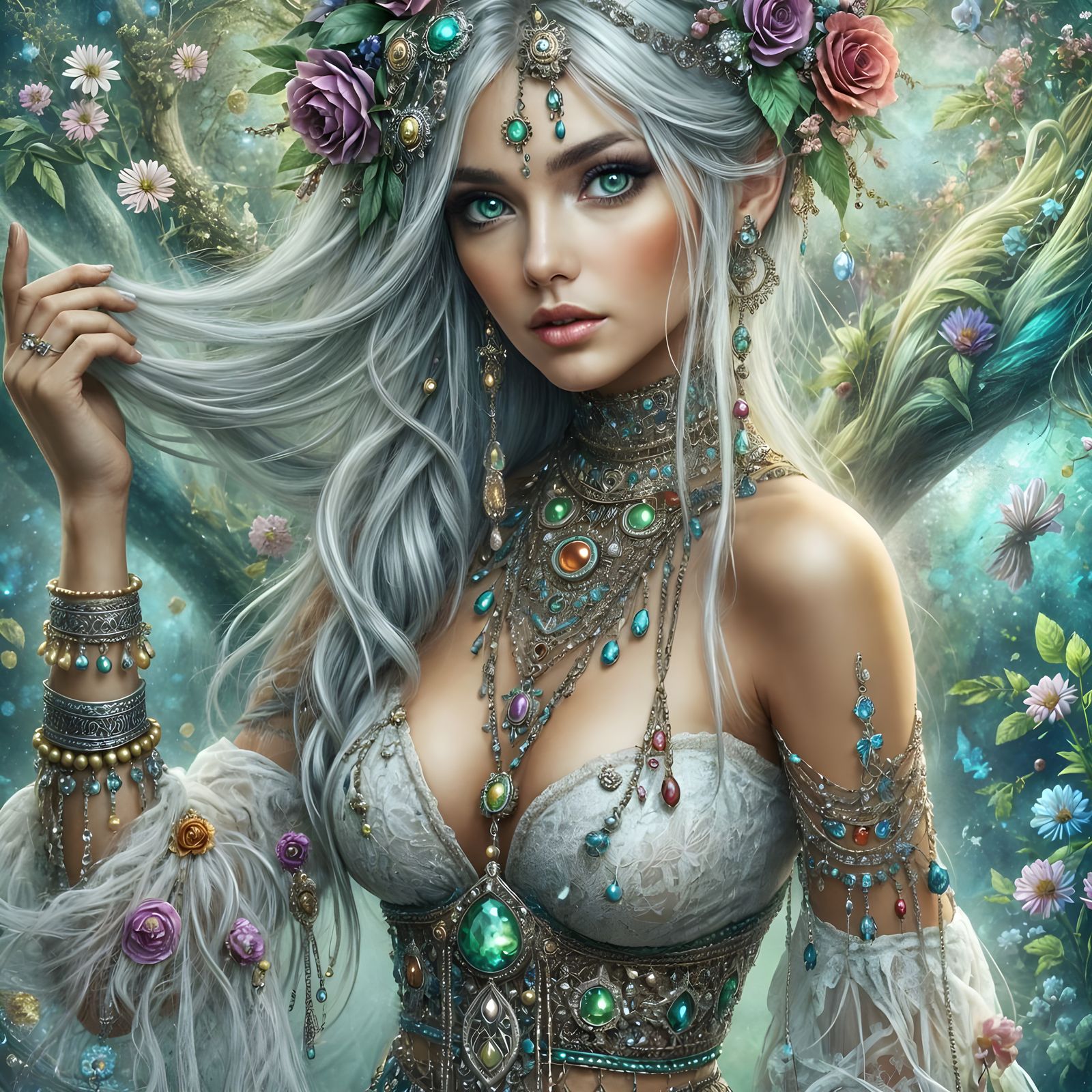 Enchanting Gypsy Woman with Silver Hair and Luminous Eyes