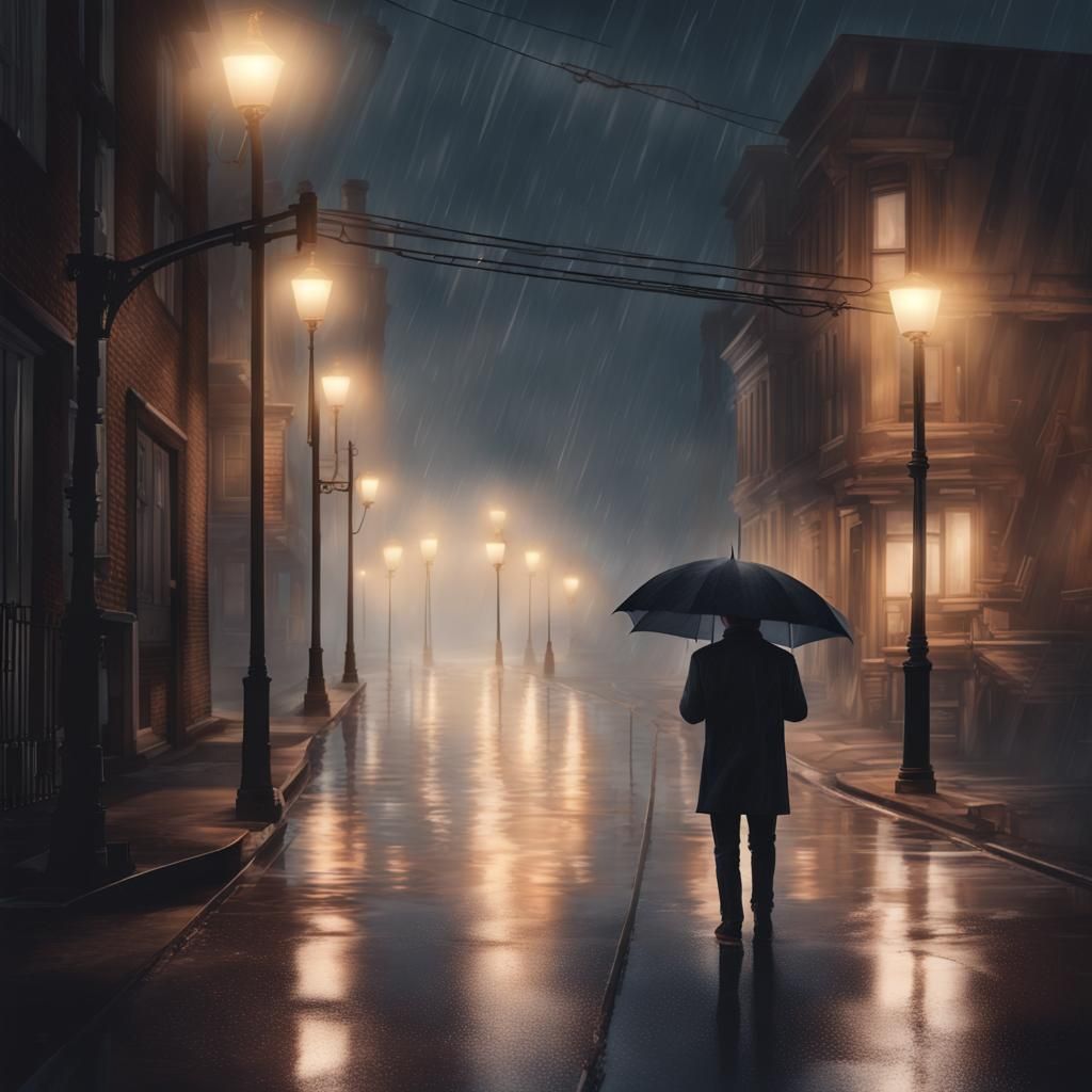 Rainy Night Street Scene in America